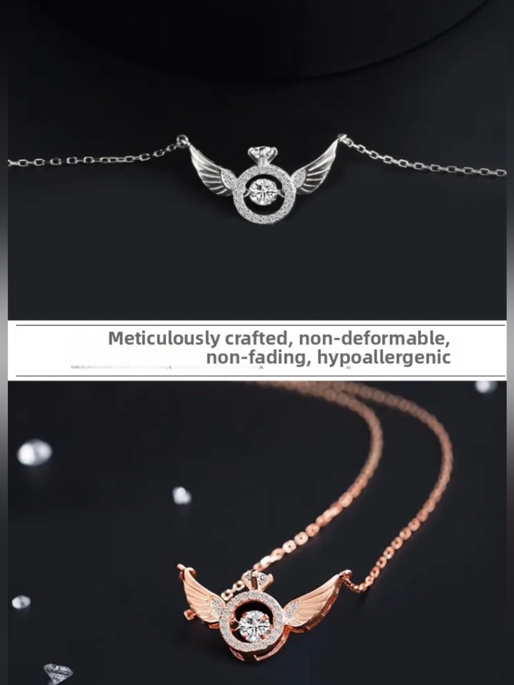 Angel Wings Dancing Heart Stone Necklace Copper Zirconia Elegant Clavicle Chain - Picture 4 of 7